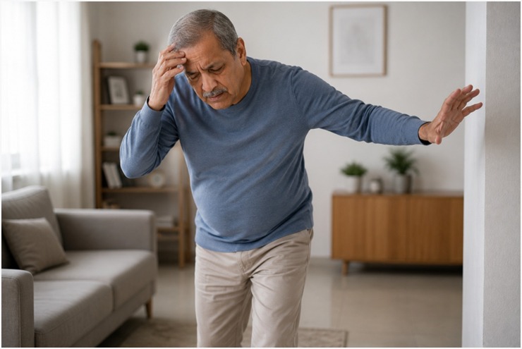 Difficulty maintaining balance and coordination in vitamin B12 deficiency.