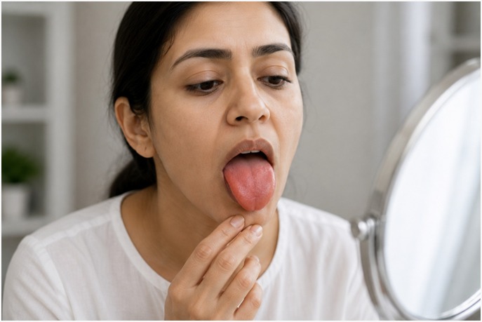 Smooth, red, and painful tongue associated with vitamin B12 deficiency.