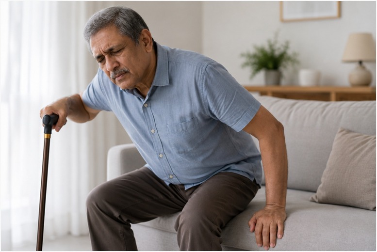 Person experiencing physical weakness due to low vitamin B12 levels.