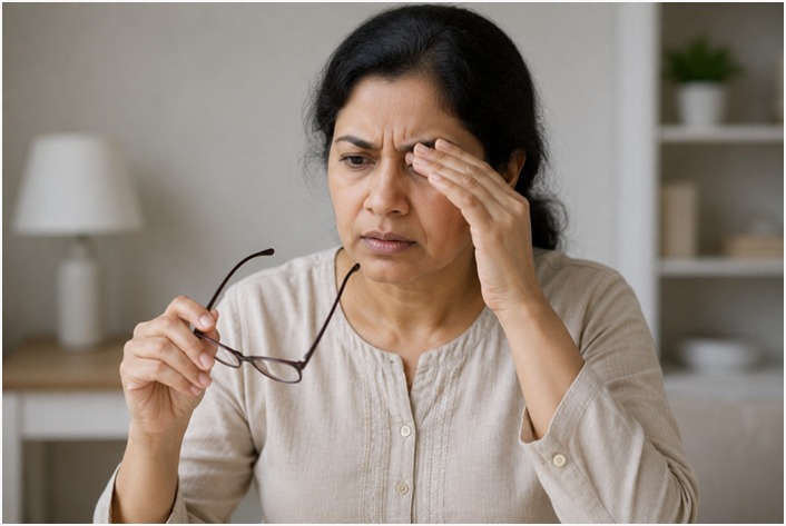 Blurred vision that may occur with long-term vitamin B12 deficiency.